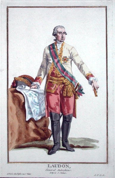Generál Laudon (1717-90) z „Receuil des Estampes, Representant des Rangs et des Dignites, podle Kostýmu všech existujících národů“, vydáno 1780 (ručně kolorovaná rytina) od Pierre Duflos