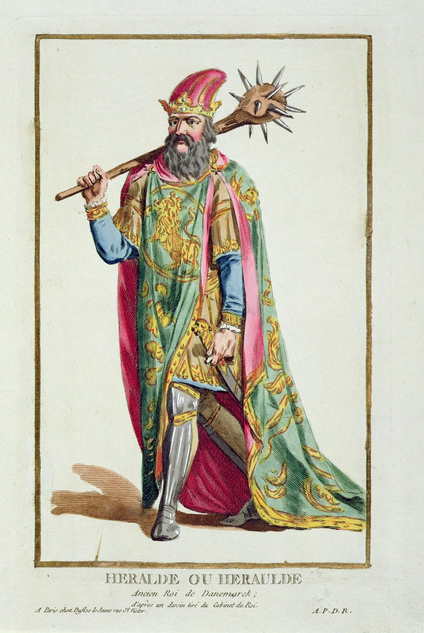 Harold, král dánský z knihy "Receuil des Estampes, Representant les Rangs et les Dignites, suivant le Costume de toutes les Nations existantes", vydané roku 1780 (ručně kolorovaná rytina) od Pierre Duflos
