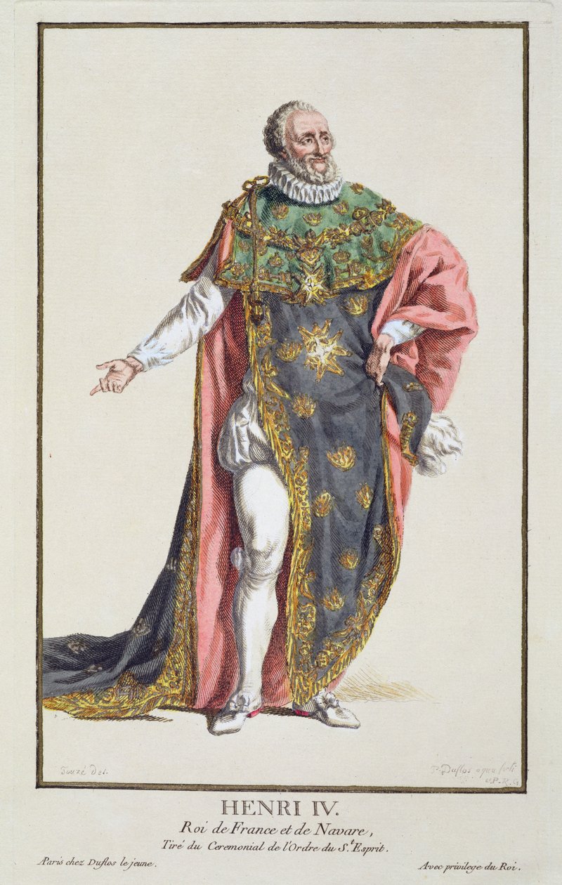 Henri IV (1553-1610) francouzský král, z „Receuil des Estampes, představující hodnosti a hodnostáře, podle kostýmu všech existujících národů“, vydáno 1780 (ručně kolorovaná rytina) od Pierre Duflos