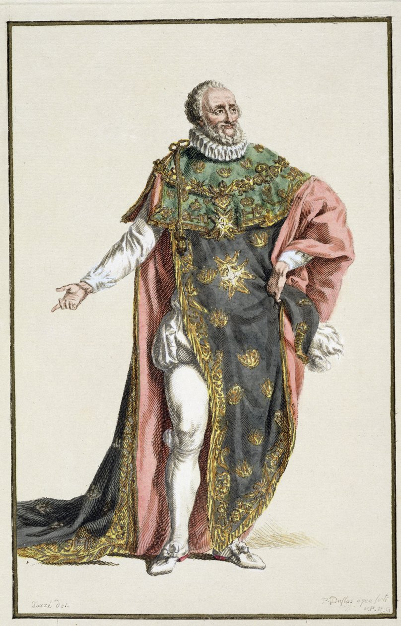 Henri IV (1553-1610) francouzský král, z Receuil des Estampes, představující hodnosti a hodnostáře, podle Kostýmu všech existujících národů, vydáno 1780 (ručně kolorovaná rytina) od Pierre Duflos