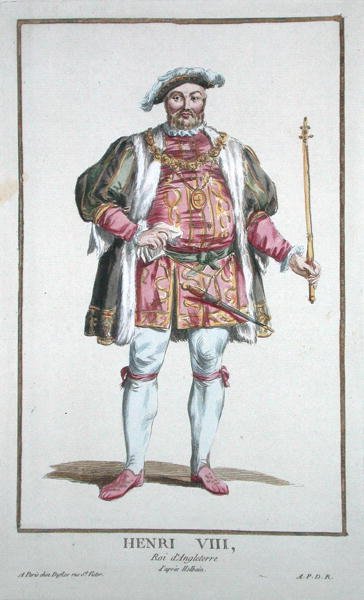 Jindřich VIII. (1491-1547) anglický král (1509-47) z „Receuil des Estampes, představující hodnosti a hodnostáře, podle kostýmu všech existujících národů“, vydáno 1780 (ručně kolorovaná rytina) od Pierre Duflos