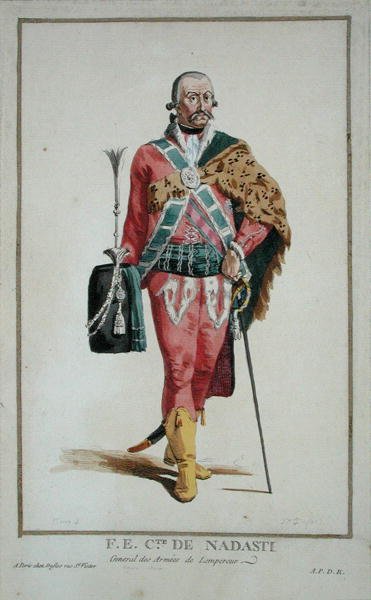 Jeho Excelence hrabě de Nadasti z „Receuil des Estampes, Representant les Rangs et les Dignites, podle Kostýmu všech existujících národů“, vydaného roku 1780 (ručně kolorovaná rytina) od Pierre Duflos