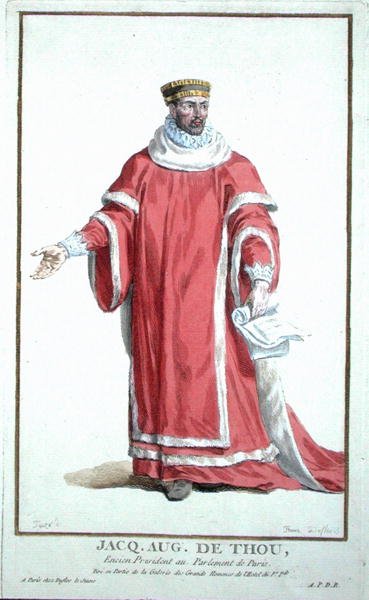 Jacques Auguste de Thou (1533-1617) z „Receuil des Estampes, Representant des Rangs et les Dignites, podle Kostýmu všech existujících národů“, vydáno 1780 (ručně kolorovaná rytina) od Pierre Duflos