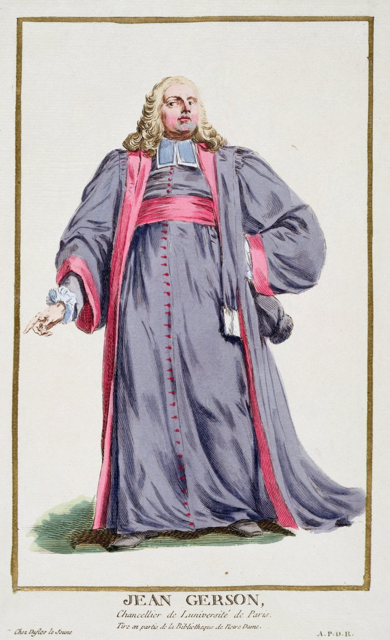 Jean Gerson (1363-1429) z „Receuil des Estampes, Representant des Rangs et les Dignites, podle kostýmu všech existujících národů“, vydáno 1780 (ručně kolorovaná rytina) od Pierre Duflos