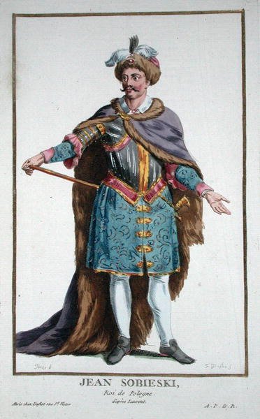 Jan III Sobiewski (1629-96) polský král z „Receuil des Estampes, představující hodnosti a hodnostáře podle kostýmu všech existujících národů“, vydáno 1780 (ručně kolorovaná rytina) od Pierre Duflos