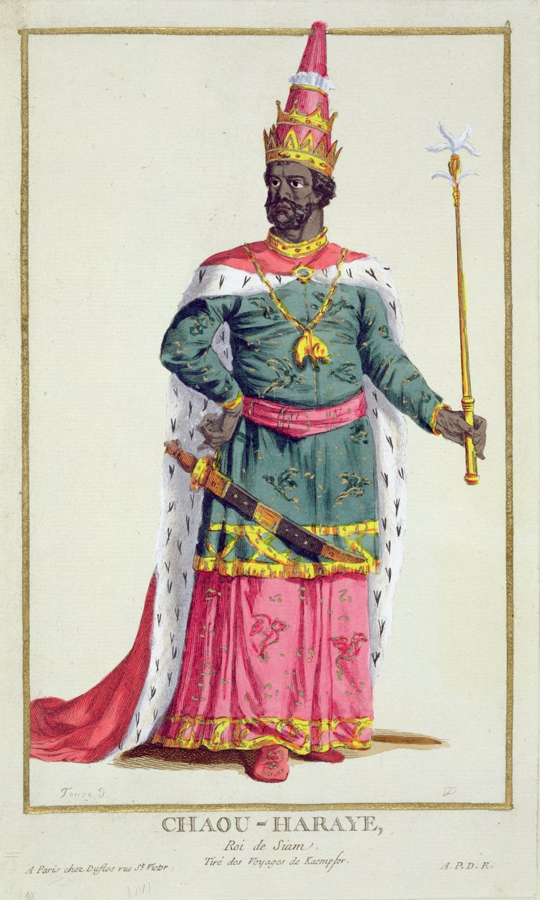 Král Chau-Haraye ze Siamu z „Receuil des Estampes, Representant les Rangs et les Dignites, podle Kostýmu všech existujících národů“, vydaného roku 1780 (ručně kolorovaná rytina) od Pierre Duflos