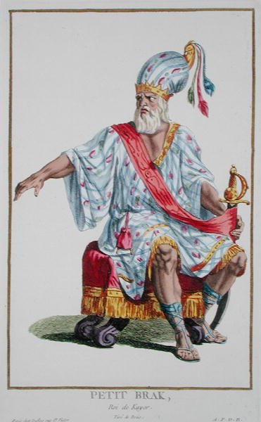 Malý Brak, král Kayoru, z knihy "Receuil des Estampes, representant les Rangs et les Dignites, suivant le Costume de toutes les Nations existantes", vydané roku 1780 (ručně kolorovaná rytina) od Pierre Duflos