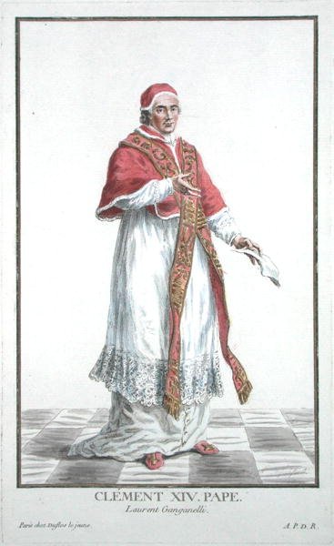 Lorenzo Ganganelli (1705-74) Papež Klement XIV (1769-74) z „Receuil des Estampes, představující hodnosti a hodnostáře, podle kostýmu všech existujících národů“, vydáno 1780 (ručně kolorovaná rytina) od Pierre Duflos