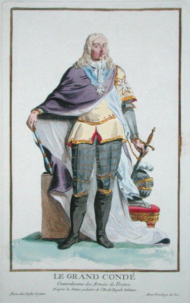 Ludvík II. (1621-86) 4. princ z Conde, z „Receuil des Estampes, představující hodnosti a hodnostáře, podle kostýmu všech existujících národů“, vydáno 1780 (ručně kolorovaná rytina) od Pierre Duflos