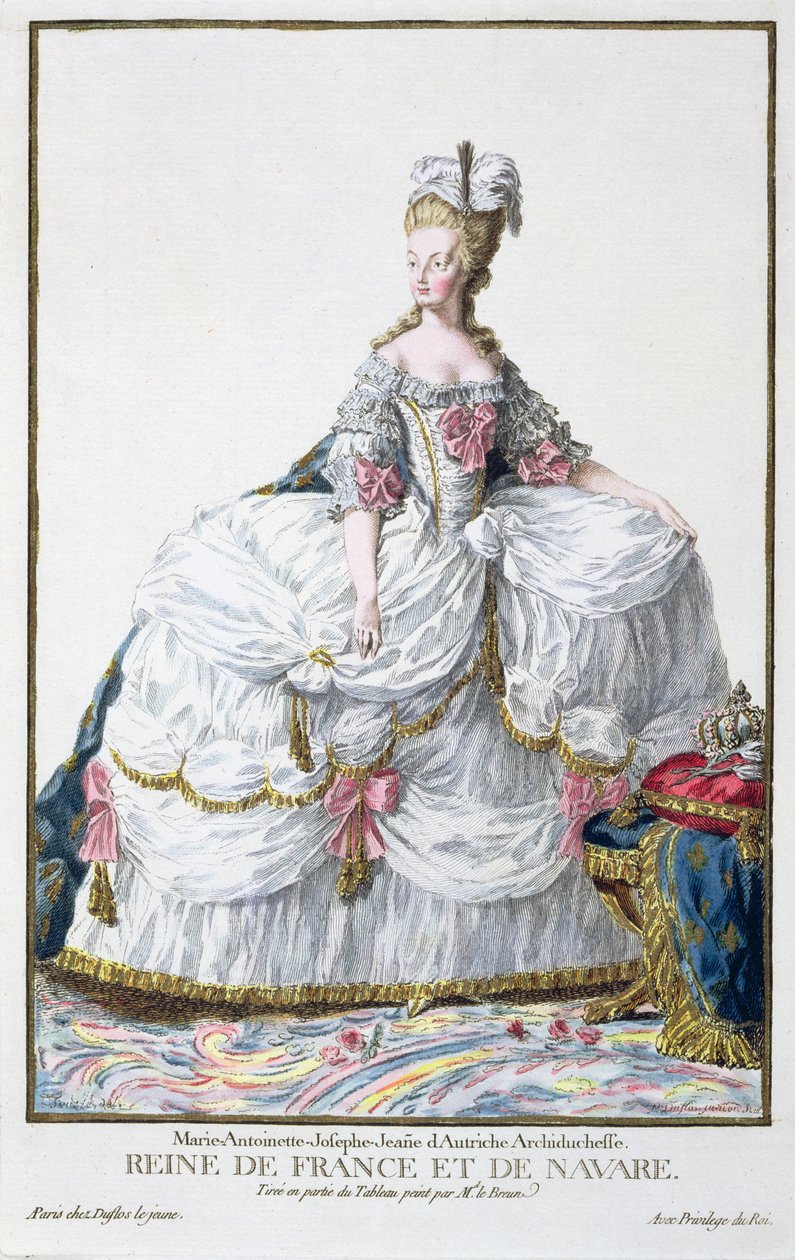 Marie Antoinetta (1752-93) z „Receuil des Estampes, představující hodnosti a hodnostáře podle kostýmu všech existujících národů“, vydaná 1780 (ručně kolorovaná rytina) od Pierre Duflos