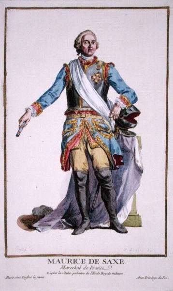 Maurice Saský (1696-1750) z „Receuil des Estampes, Representant des Rangs et les Dignites, podle Kostýmu všech existujících národů“, vydaného roku 1780 (ručně kolorovaná rytina) od Pierre Duflos