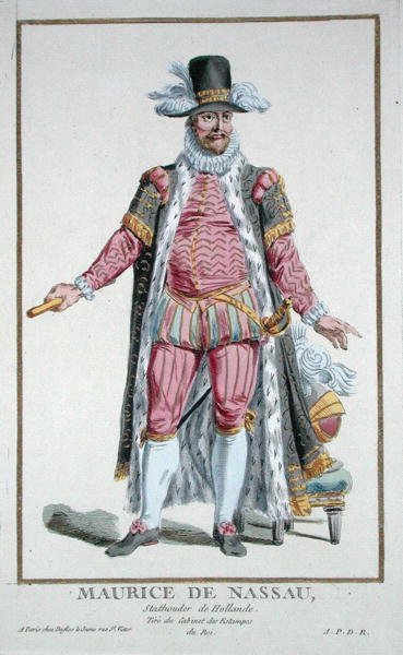 Princ Maurice z Nassau (1567-1625) Stadholder Nizozemské republiky z „Receuil des Estampes, představující hodnosti a hodnostáře, podle kostýmu všech existujících národů“, vydáno 1780 (ručně kolorovaná rytina) od Pierre Duflos