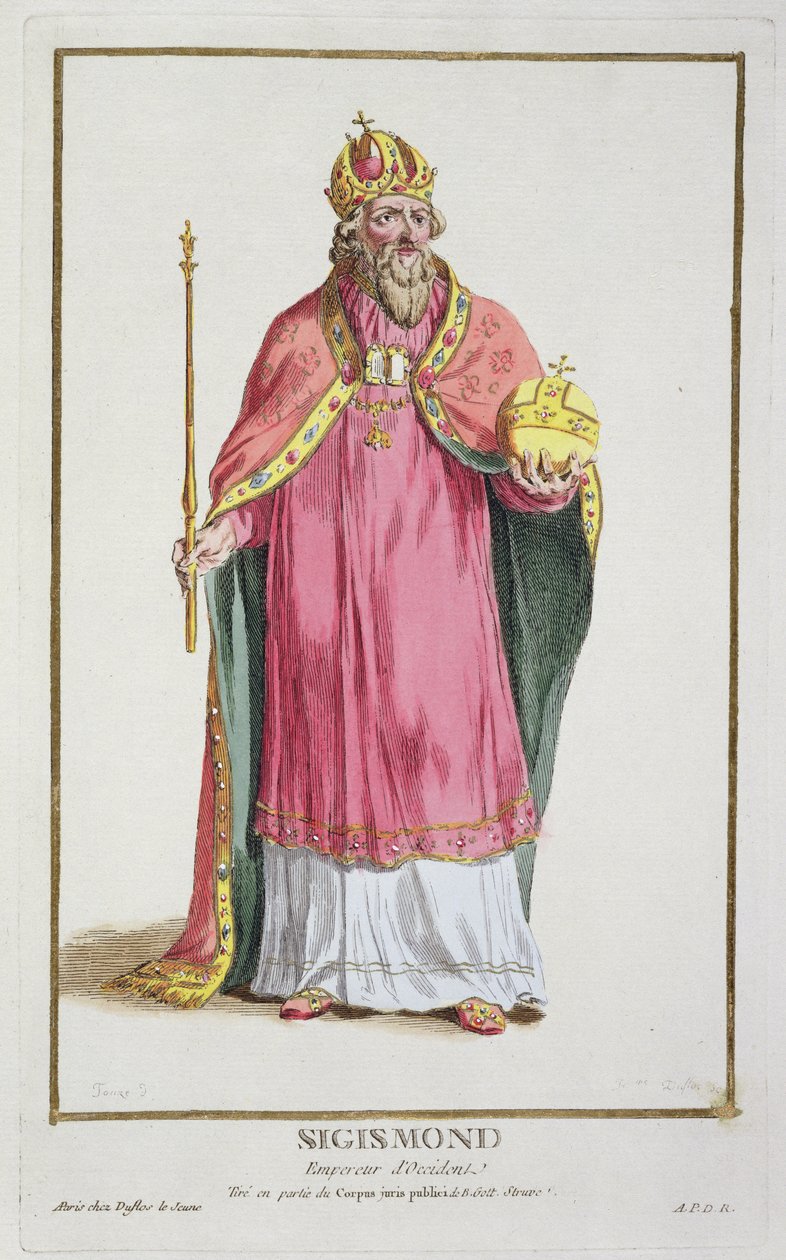 Zikmund (1368-1437), císař Svaté říše římské (1433-37), z knihy "Receuil des Estampes, representant les Rangs et les Dignites, suivant le Costume de toutes les Nations existantes", vydáno 1780 (ručně kolorováno). od Pierre Duflos