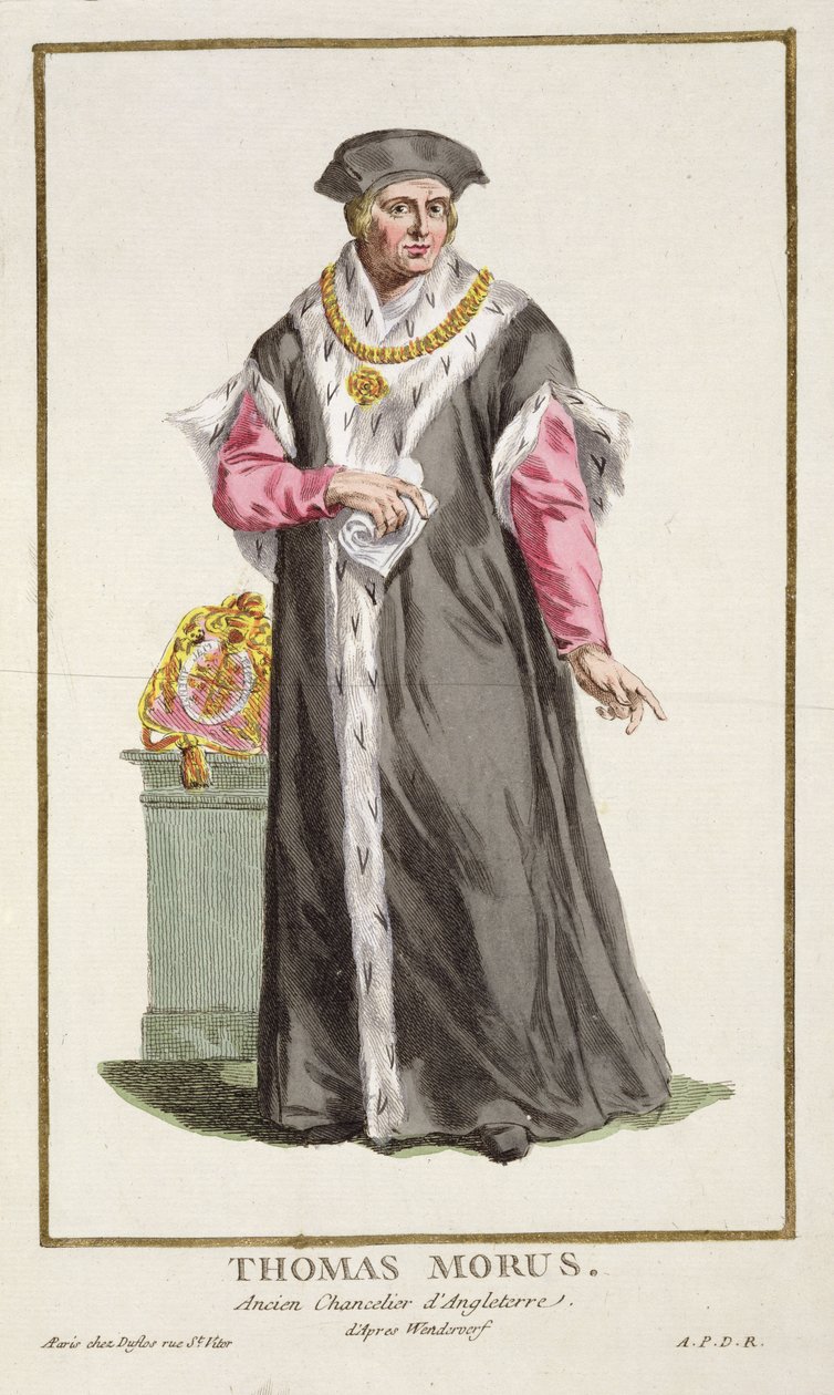 Sir Thomas More (1478-1535) z „Receuil des Estampes, reprezentující hodnosti a hodnostáře podle kostýmu všech existujících národů“, vydané v roce 1780 (ručně kolorovaná rytina) od Pierre Duflos