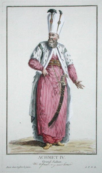 Sultán Achmet IV (r. 1603-17) z knihy "Receuil des Estampes, representant les Rangs et les Dignites, suivant le Costume de toutes les Nations existantes", vydané roku 1780 (ručně kolorovaná rytina) od Pierre Duflos