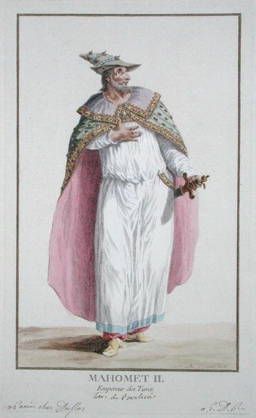 Sultan Mahomet II (1432-81) z „Receuil des Estampes, představující hodnosti a hodnostáře, podle kostýmu všech existujících národů“, vydáno 1780 (ručně kolorovaná rytina) od Pierre Duflos