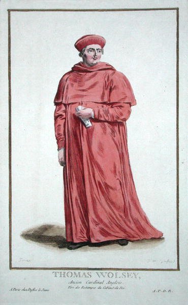 Thomas Wolsey (asi 1475-1530), z „Receuil des Estampes, představující hodnosti a hodnostáře, podle kostýmu všech existujících národů“, vydáno 1780 (ručně kolorovaná rytina) od Pierre Duflos