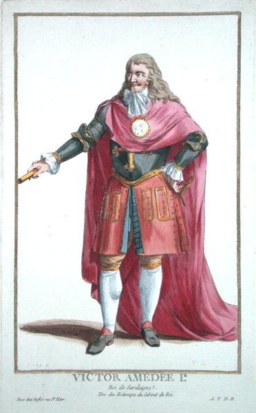Victor Amadeus II (1666-1732) z „Receuil des Estampes, představující hodnosti a hodnostáře podle kostýmu všech existujících národů“, vydáno 1780 (ručně kolorovaná rytina) od Pierre Duflos