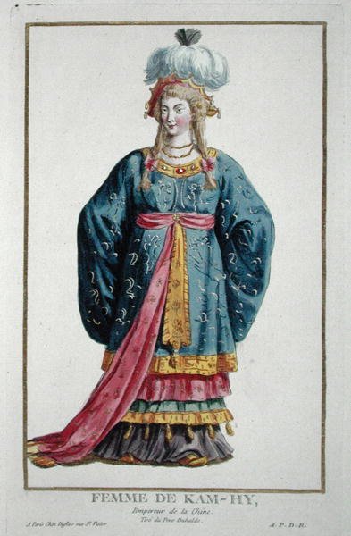 Manželka Kang Tsi z knihy "Recuil des Estampes, epresentant les Rangs et les Dignites, suivant le Costume de toutes les ations existantes", vydané v roce 1780 (ručně kolorovaná rytina) od Pierre Duflos