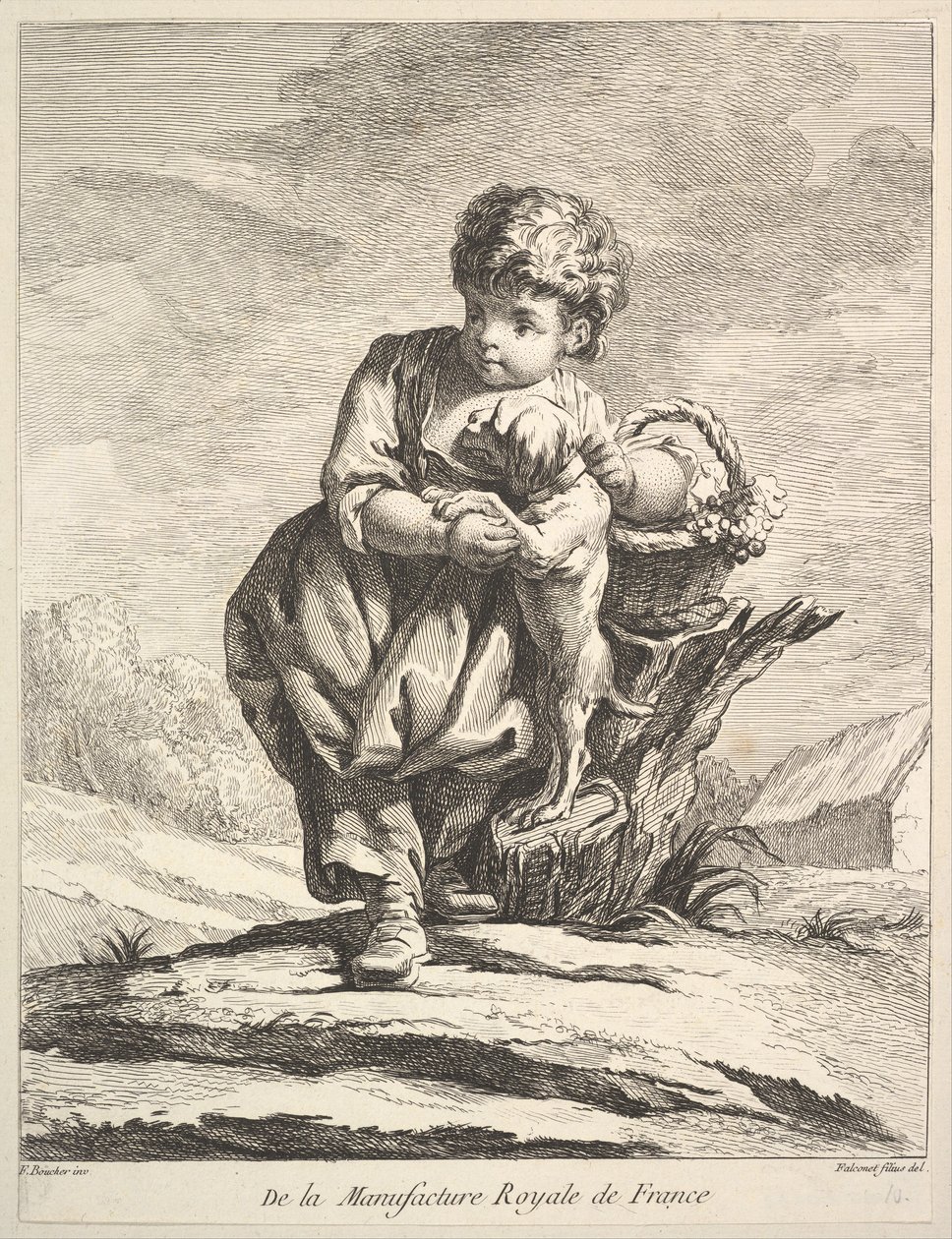 Dítě se psem, držící košík hroznů, z Premier Livre de Figures daprès les po..., 1757. od Pierre Etienne Falconet