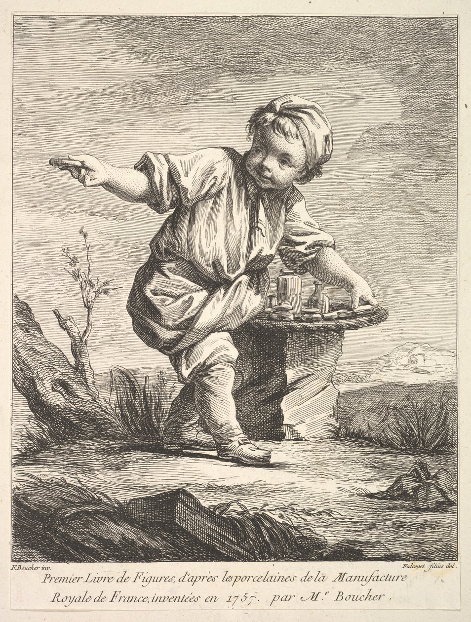 Frontispis s malým chlapcem držícím košík, od Premier Livre de Figures daprès les po..., 1757. od Pierre Etienne Falconet