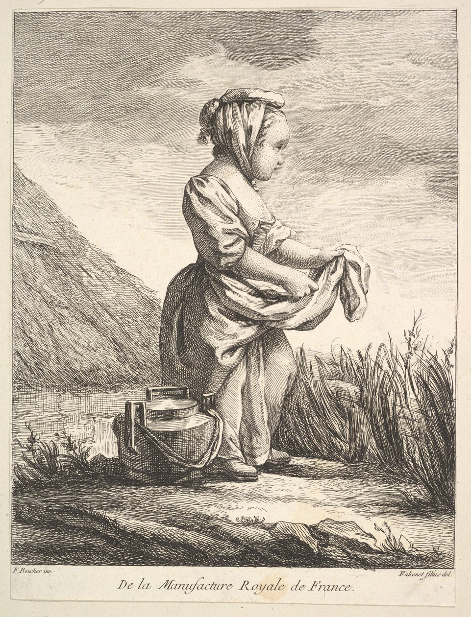 Holčička s nádobou u nohou, z Premier Livre de Figures daprès les porcelain..., 1757. od Pierre Etienne Falconet