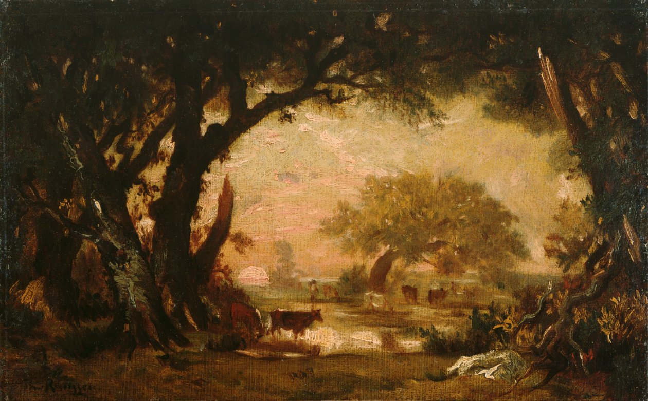 Mýtina v lesích Fontainebleau od Pierre Etienne Theodore Rousseau