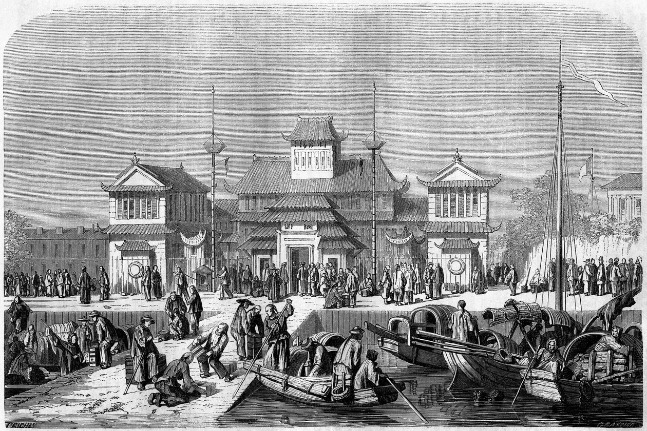 Celní pohled v přístavu Šanghaj v roce 1860, Čína. Rytina od Grandsire, v „“Le Tour du Monde, Nouveau journal des Voyages“, editoval Edouard Charton, Paříž od Pierre Eugene Grandsire