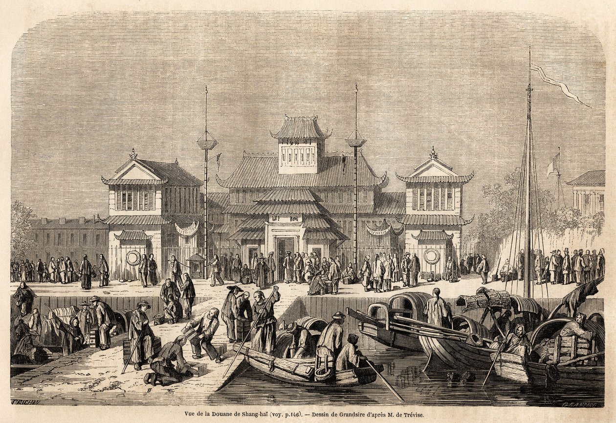 Budova Shanghai Customs Building, kresba Grandsire, ilustrující cestu do Číny a Japonska v letech 1857-1858 markýze de Moges. Rytina v „“ Le tour du monde, nouveau journal des voyages““ Paříž od Pierre Eugene Grandsire