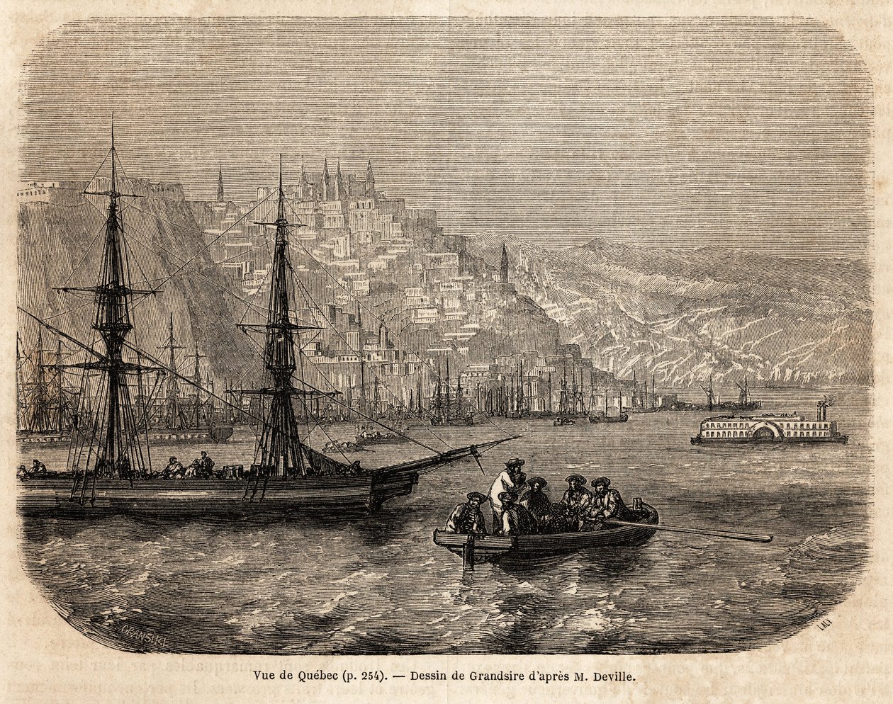 Pohled na Quebec, kresba Grandsire, pro ilustraci plaveb do Severní Ameriky v letech 1854-1855, L. Deville. Rytina v “”Le tour du monde”” 1861. Selva sbírka. od Pierre Eugene Grandsire