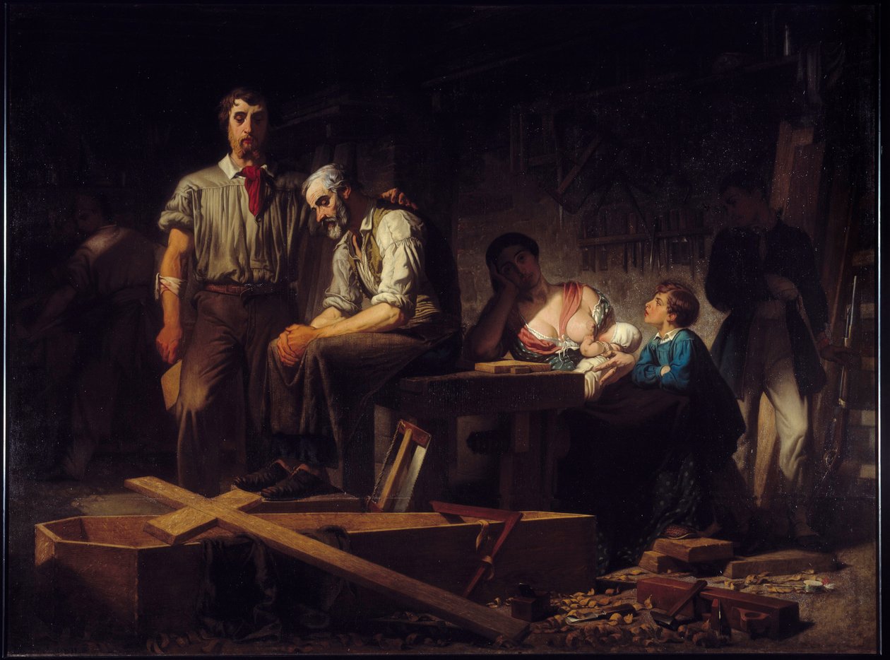 Revoluce 1848: „“První dílo po povstání v únoru 1848““ Smutek rodin obětí, které zemřely v únorových dnech 1848. Obraz Pierre Eugene Lacoste (1818-1908) 1850 Ne. 2,7x3,66 m Marseille, Musee des Beaux Arts. od Pierre Eugène Lacoste