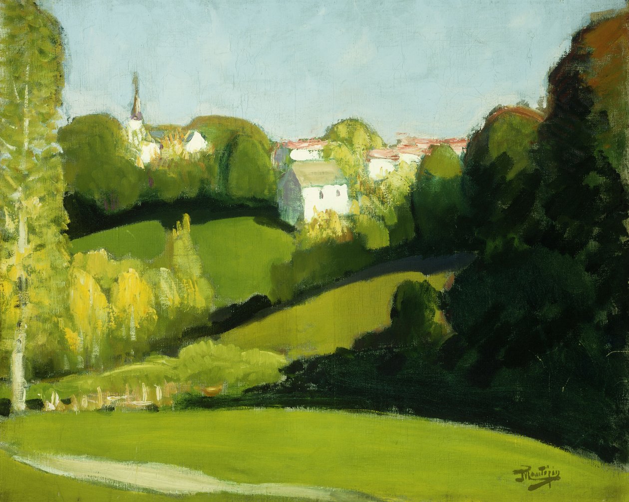 Venkov, světlo a stín; Paysage, Ombre et Lumiere, kolem roku 1920 (olej na plátně) od Pierre Eugene Montezin