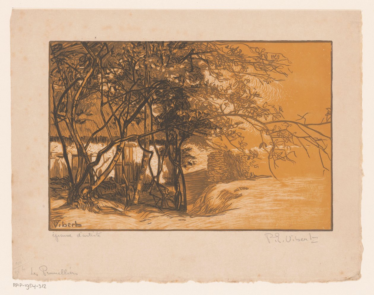 Krajina s farmou za stromy Les Prunelliers (název na objektu) od Pierre Eugène Vibert (signed by artist)