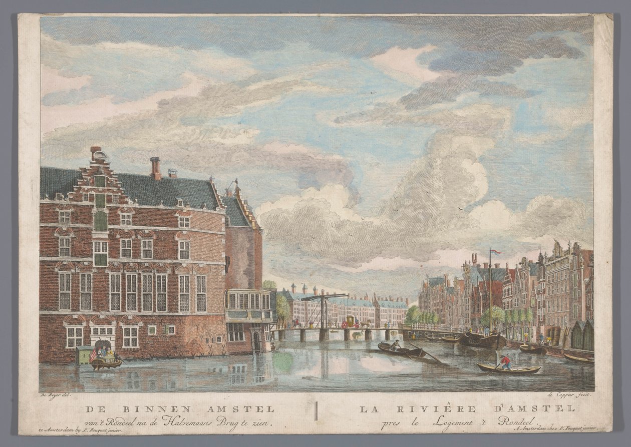 Pohled na Halvemaansbrug přes Amstel v Amsterdamu Binnen Amstel van 