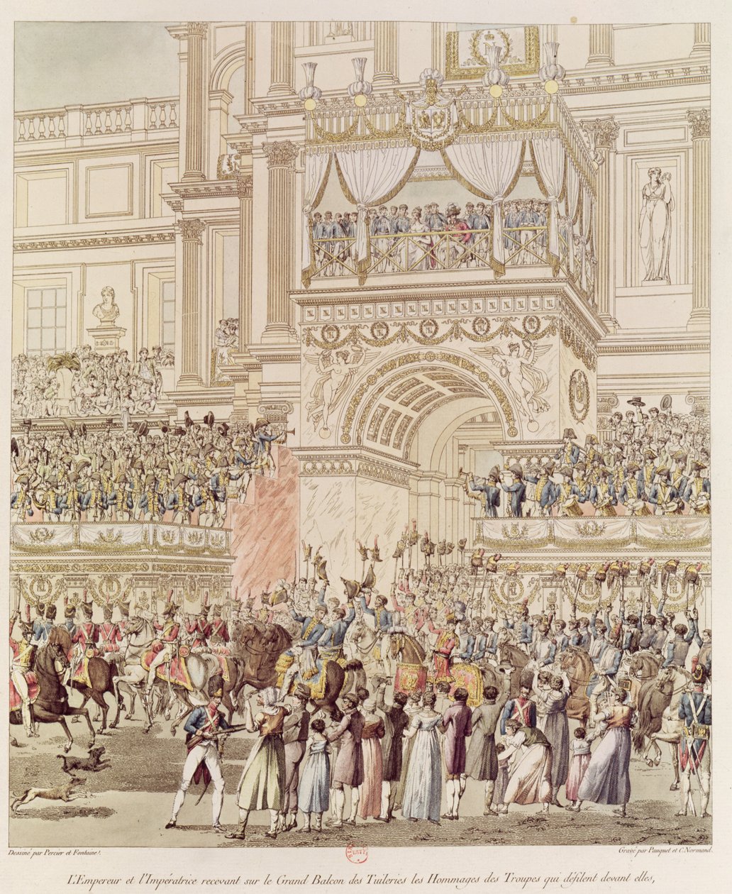 Císař a císařovna přijímající poctu francouzských vojsk z balkónu Tuileries u příležitosti jejich sňatku, vyryl Charles Pierre Joseph Normand (1765-1840) (barva od Pierre Francois Leonard Fontaine