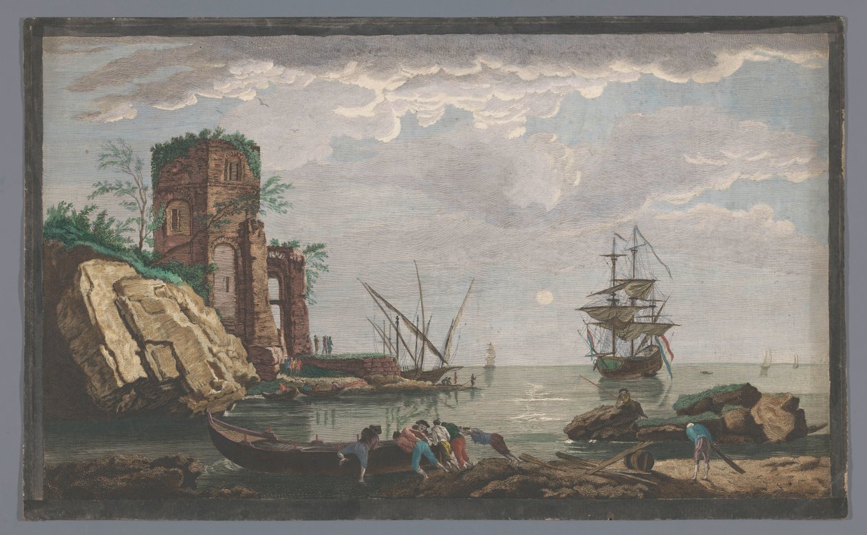 Pohled na pobřeží poblíž města Toulon v měsíčním světle Vüe ​​​​des environs de Toulon (název na objektu) od Pierre François Basan