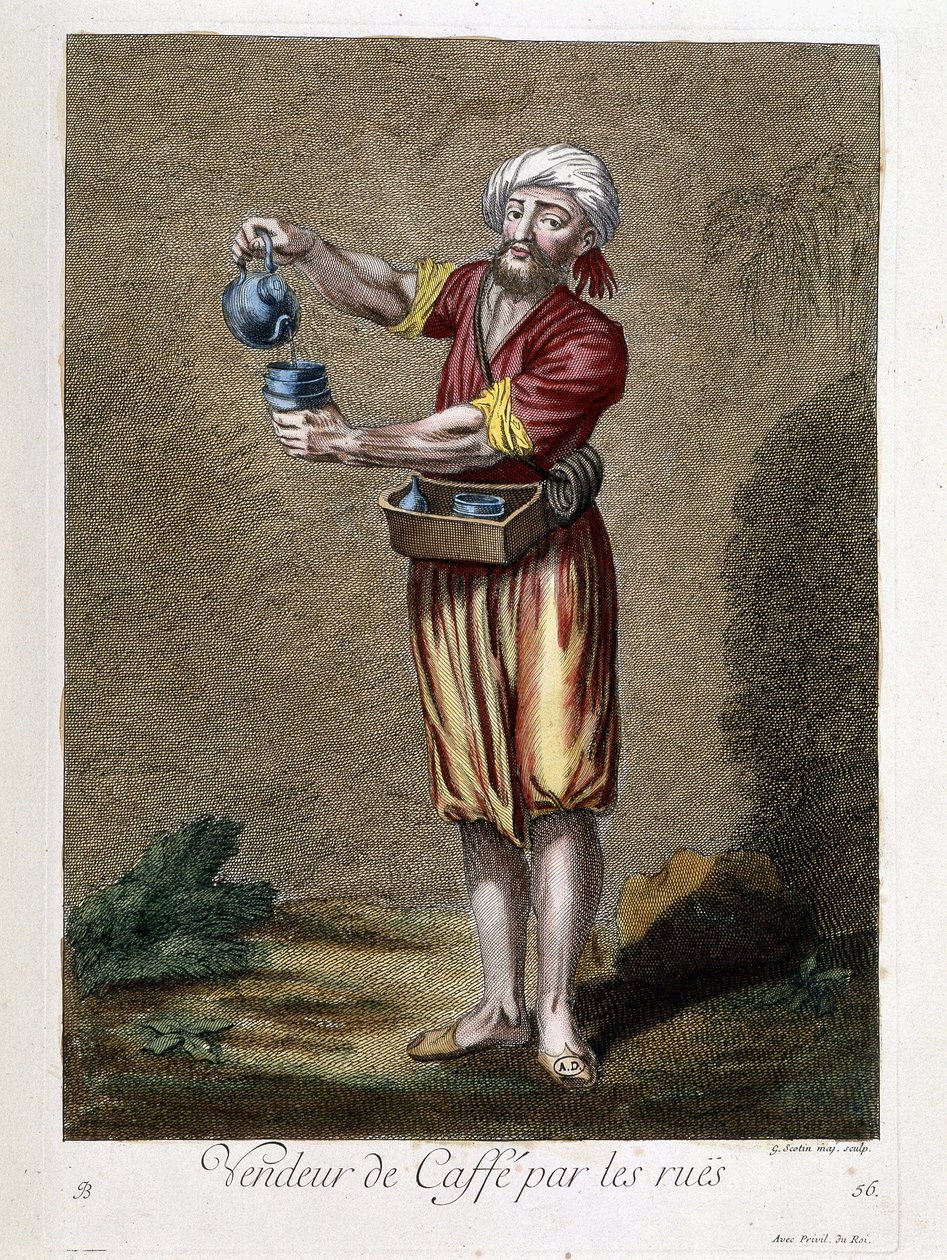 Prodejce kávy na ulicích, „“Sbírka 100 tisků představujících různé národy Levanty v letech 1707 a 1708““ na objednávku M. de Frriola, velvyslance krále v Porte a aktualizovaná v letech 1712-13 péčí o M. Le Hay, basan rytec, Par od Pierre François Basan