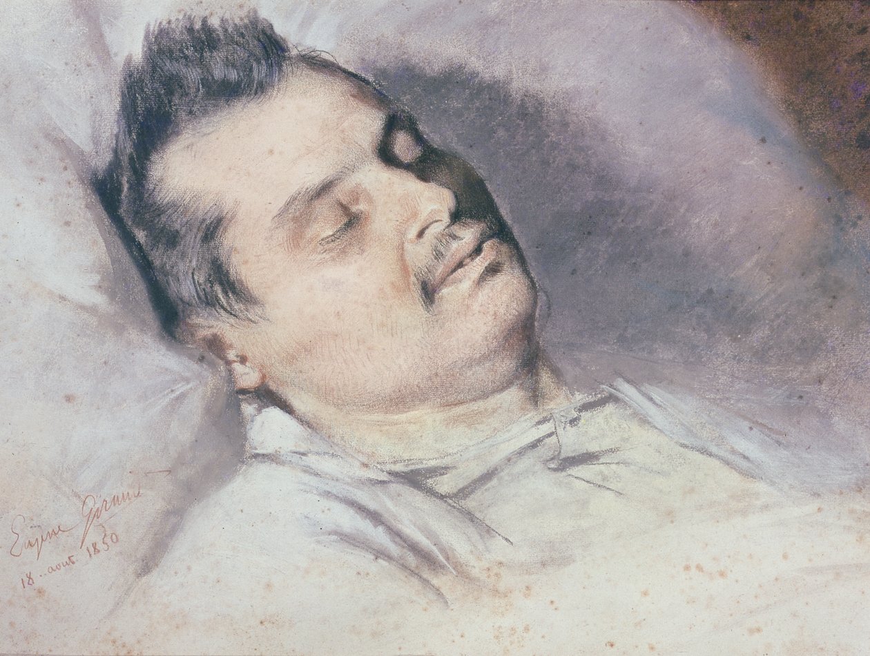 Honore de Balzac (1799-1850) na smrtelné posteli, 15. srpna 1850 (pastel a křída na papíře) od Pierre François Eugène Giraud