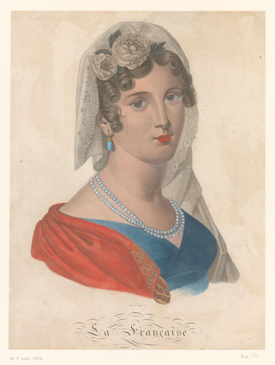 Francouzka s náušnicí s modrým drahokamem, bílým závojem a růžemi ve vlasech La Francaise (název na objektu) od Pierre François Isidore Dècle