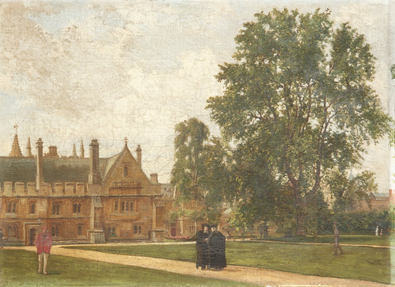 In the Grounds of Magdalen College, with Portraits of Magdalen Fellows: Reverend T. H. T. Hopkins, Reverend H. R. Bramley, Reverend J. Rigaud a Reverend H. F. Garnsey, 1882 od Pierre François Joseph Tonneau