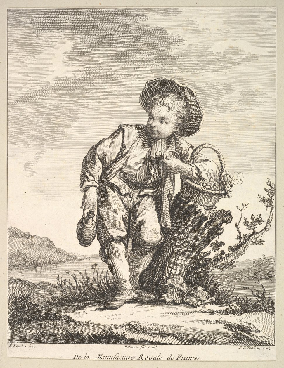 Malý chlapec držící košík hroznů, z Druhé knihy figur po po..., po roce 1757. od Pierre François Tardieu