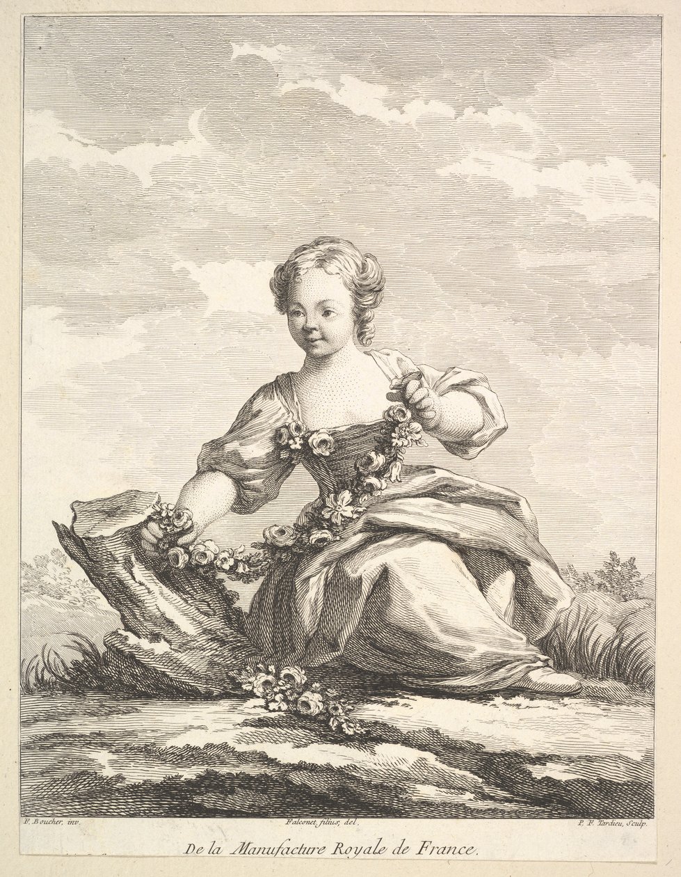 Holčička držící věnec z květin, z Druhé knihy postav po..., po roce 1757. od Pierre François Tardieu