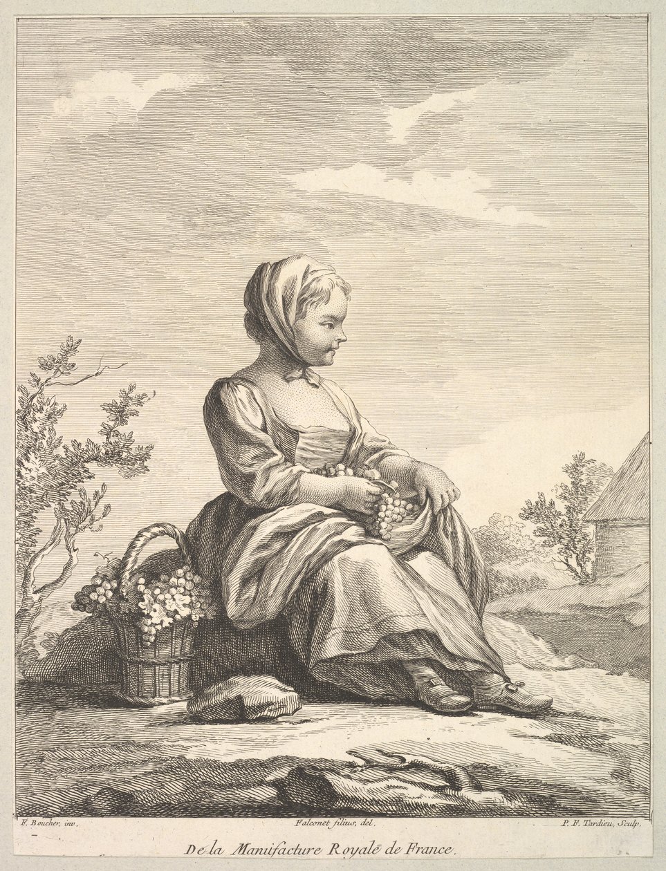 Holčička držící hrozny s košíkem po boku, z Deuxième Livre de..., po roce 1757. od Pierre François Tardieu
