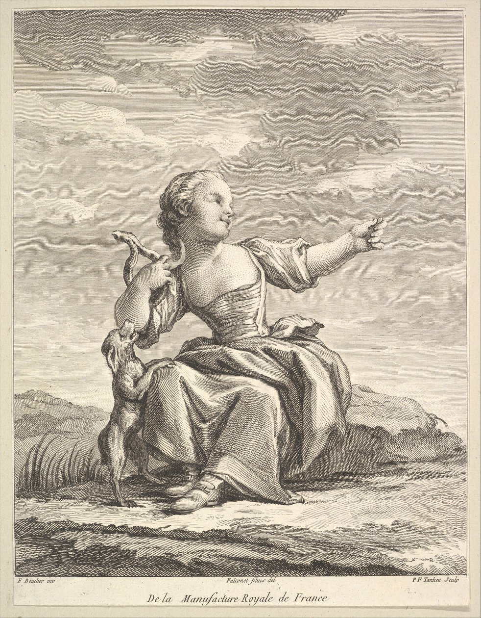 Holčička hrající si se psem, z Druhé knihy figur po porcelánu..., po roce 1757. od Pierre François Tardieu