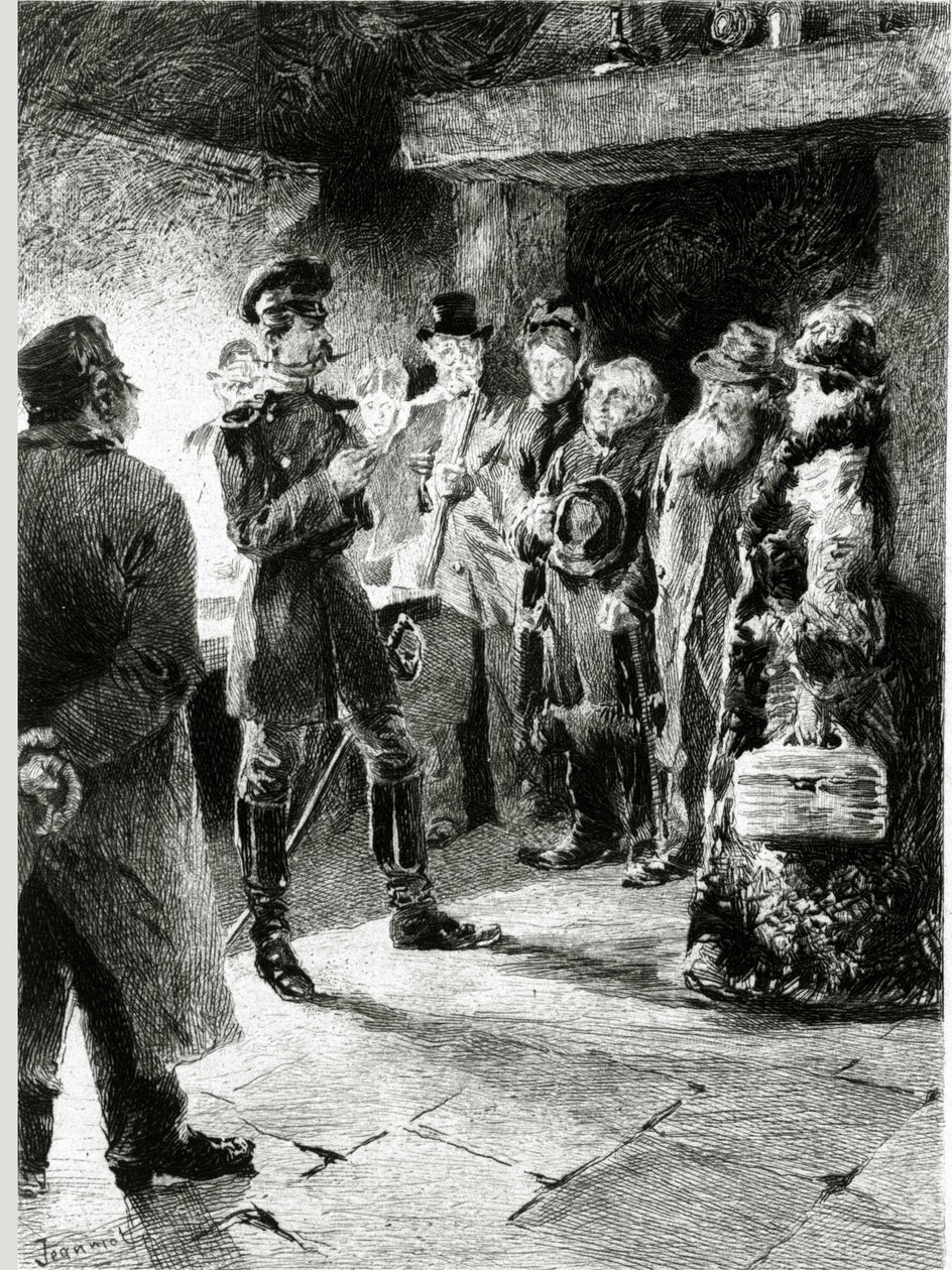 Německý důstojník žádá Boulle de tallow výměnou za svobodu všech cestujících, kteří byli zatčeni při pátrání. V „Lojové kouli“ od Guye de Maupassanta (1850-1893). Ilustrace P. G. Jeanniot (1848-1934). Vyšlo na Ollendorff i od Pierre Georges Jeanniot