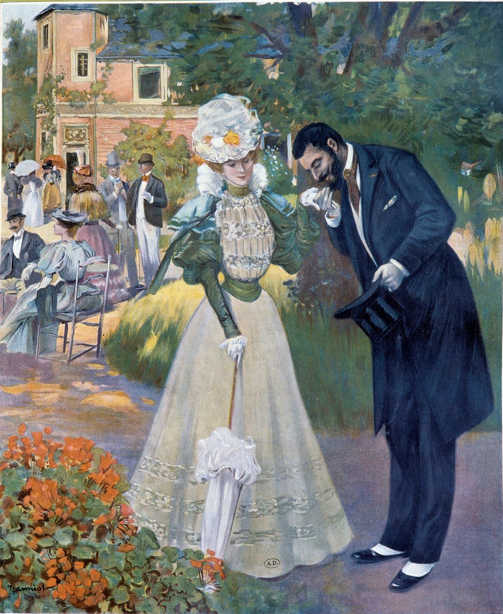 Belle epoque: „Sex z ruky“: muž zdraví ženu na recepci. Ilustrace Jeanniota pro „Le Figaro illustrious““ Začátek 20. století Paříž, dekorativní umění od Pierre Georges Jeanniot