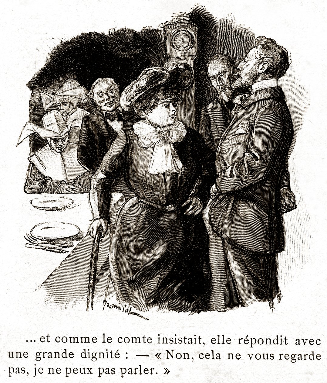 "Boule de Suif": Elisabeth Roussetová odmítá odpovědět hraběti, počátek 20. století (ilustrace) od Pierre Georges Jeanniot
