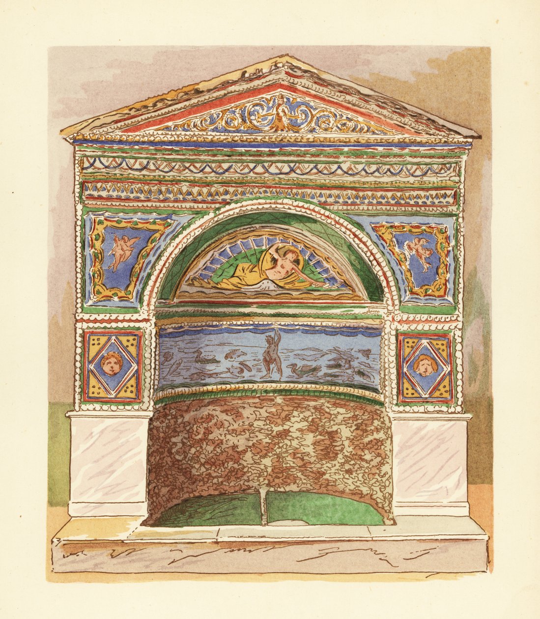 Smaltovaná mozaiková fontána v Domě medvěda nebo Casa dell’ Orso Ferito, Pompeje od Pierre Gusman