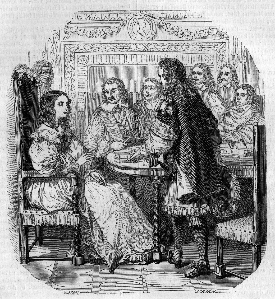 Návštěva královny Kristiny Suedské (1626-1689) na Akademii Francaise v Paříži za přítomnosti kardinála Richelieu Gravírování G. Staal od Pierre Gustave Eugene Staal