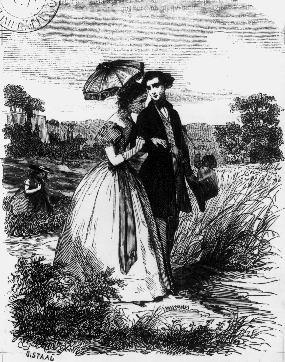 Felix de Vandenesse a paní de Mortsauf, ilustrace k románu "Le Lys Dans la Vallee" od Honore de Balzaca (1799-1850), vydaného v roce 1871 od Pierre Gustave Eugene Staal
